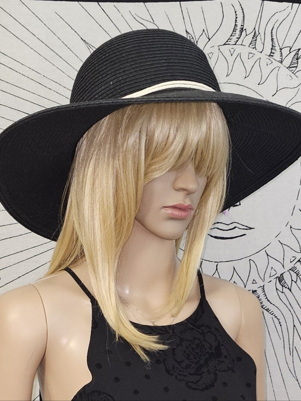 Kestrall Wide Brim Adjustable 100% Paper Sun Hat - Black with White Trim